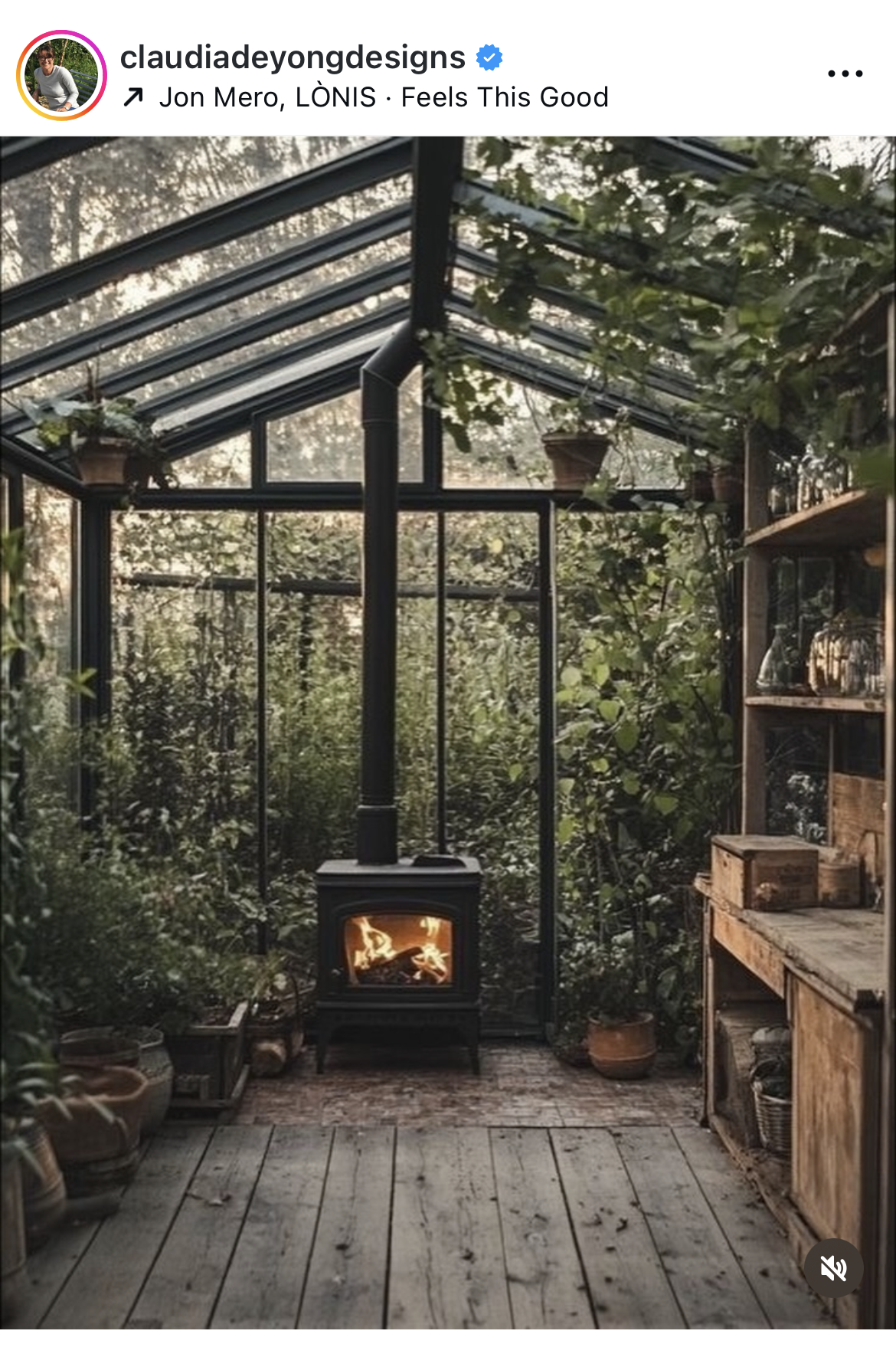 Cozy greenhouse with a fireplace glowing inside
